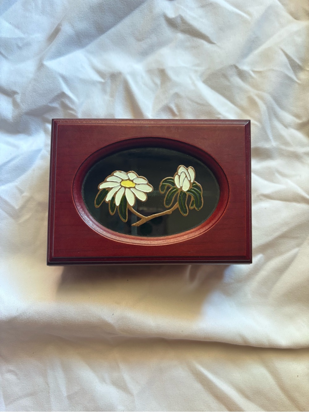 Wooden Jewelry Trinket Box in Dark Cherry with White Floral Inlay